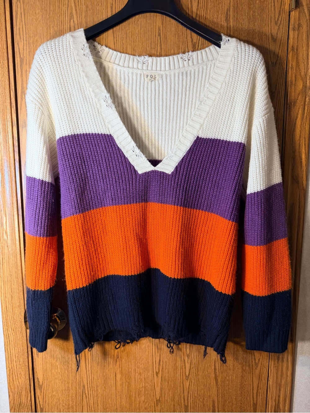 POL Distressed Halloween Colored V-Neck Sweater in Cream, Purple, Orange & Navy - Picture 1 of 5